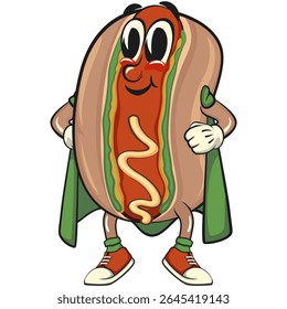 superhero cute hot dog mascot cartoon vector illustration, funny fast food character isolated on transparent background, work of hand drawn