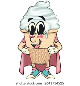 superhero cute ice cream cone mascot cartoon vector character with waffle cone and vanilla toppingwith cape and sneakers, work of hand drawn