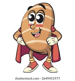 superhero cute salted butter roll mascot cartoon vector illustration, bakery bread character with happy face and red shoes isolated on transparant backnground, work of hand drawn