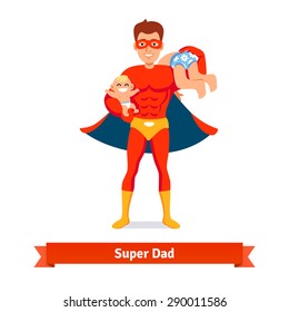 Superhero dad concept. Father taking care of two sons. Baby boy and teen. Flat style vector icon.