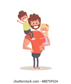 Superhero Dad Concept. Strong Dad Holding His Two Children. Flat Style Vector Icon. Vector Illustration