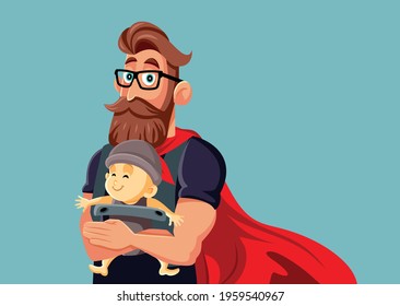 Superhero Dad Holding Baby in Carrier Vector Illustration. Father with superpowers carrying his child wearing cape and mask
