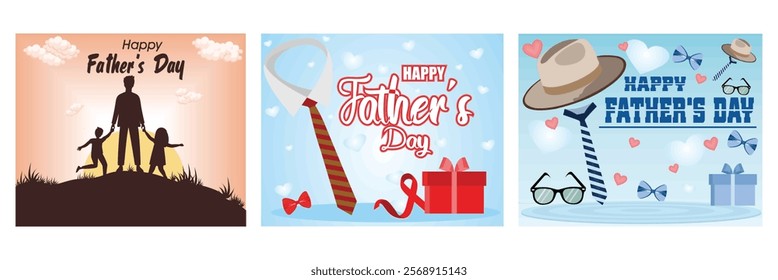 Superhero dad and kids at Sunset. Tie and gift box on blue background. Happy Father's Day with hat,necktie and gift box on blue background. Set flat vector modern illustration 