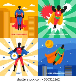 Superhero defender 2x2 design concept set of colorful compositions on city and abstract backgrounds cartoon vector illustration 