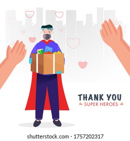 Superhero Delivery Boy Wearing Protective Mask With Face Shield, Holding Grocery Box And Clapping Hands To Appreciate On White Cityscape Background.