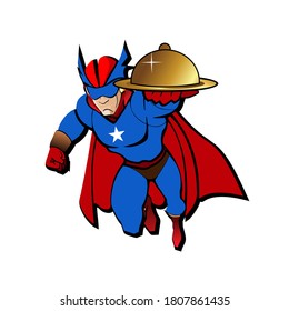 Superhero Delivery Service Flying Man in Costumes with Plates in Hand