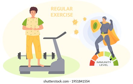 Superhero demonstrates high level of immunity. Woman is standing on treadmill vector illustration