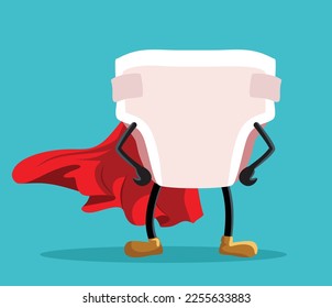 
Superhero Diaper Character with Red Cape Vector Cartoon Illustration. Brave nappy mascot standing with hands on its hips
