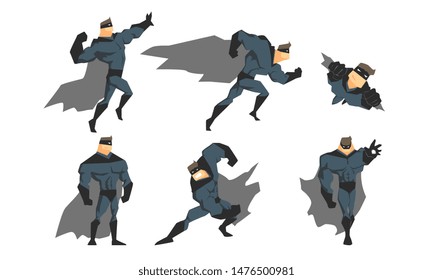 Superhero in Different Action Poses Set, Courageous Superhero Character in Gray Costume, Waving Cloaks and Black Mask Vector Illustration