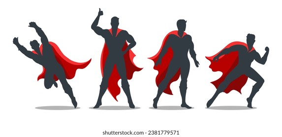 Superhero in different poses. Strong male super heroes actions, power man icons isolated vector illustration