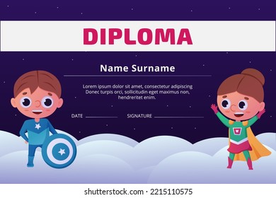 Superhero Diploma, Children School Certificate Template. Preschool Appreciation Girl And Boy, Child In Mask. Heroic Comic Characters. Justice Fighters. Vector Cartoon Flat Recent Illustration