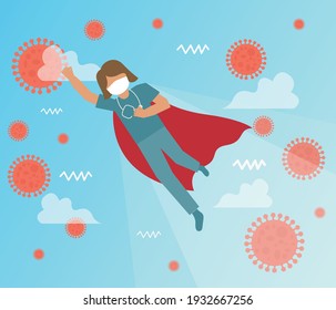 Superhero Doctor for coronavirus outbreak. Woman doctor in a red cape. Vector drawing.
