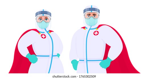 Superhero doctor couple in safety protection suit, mask, face shield and gloves. Portrait of physician or surgeon. Teamwork. Corona virus epidemic outbreak. Cartoon character illustration in vector.