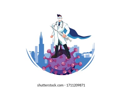 Superhero Doctor Fighting with Virus  concept. Flat vector illustration isolated on white background.