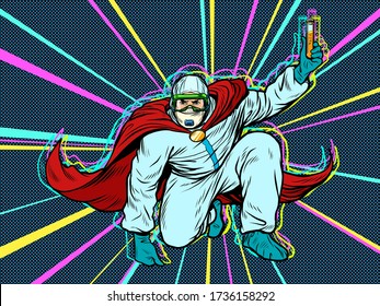 superhero doctor man with a vaccine medicine in protective suit, epidemic. chemical biological or radiation contamination. Pop art retro vector illustration vitch vintage 50s 60s style