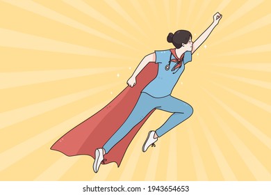 Superhero doctor in medicine during pandemic concept. Doctor female wearing superhero cape flying up ready to help during coronavirus outbreak vector illustration 