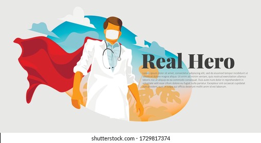 Superhero Doctor Nurse Care Worc Medicine Covid-19 Coronavirus Pandemic Vector Illustration.