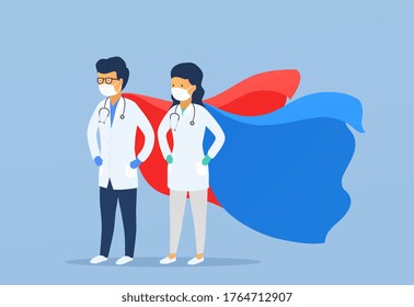 Superhero Doctor And Nurse In Medical Masks With A Hero Cape. Medical Staff In Protective Suits.