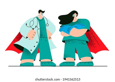 Superhero doctors working during COVID-19 pandemic concept. Young woman and man doctors cartoon characters wearing medical protective face masks standing during work at outbreak virus times 