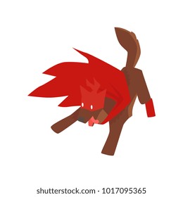 Superhero dog character barking and attacking, super dog dressed in red cape and mask cartoon vector Illustration