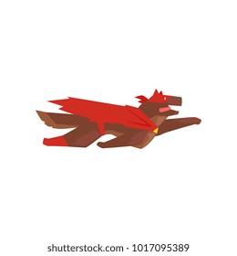 Superhero dog character flying, super dog dressed in red cape and mask cartoon vector Illustration