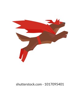 Superhero dog character jumping, super dog dressed in red cape and mask cartoon vector Illustration