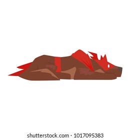Superhero dog character lying on the floor, super dog dressed in red cape and mask cartoon vector Illustration