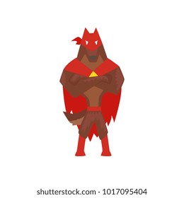 Superhero dog character standing with folded hands, super dog dressed in red cape and mask cartoon vector Illustration