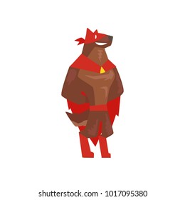 Superhero dog character standing, super dog dressed in red cape and mask cartoon vector Illustration