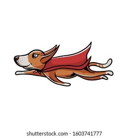 Superhero dog flying illustration. Funny animal character in cartoon style.  Isolated on white background