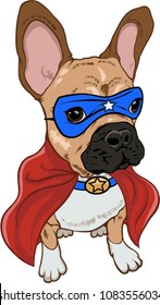 Superhero dog ,french bulldog with blue mask and red cape.