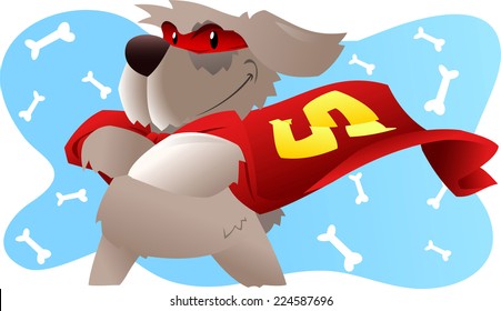 Superhero Dog In Super Hero Costume With Pow Powers Smiling Proudly Vector Illustration.