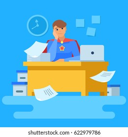 Superhero is doing office work. He is swamped with reports. He is engaged in routine at the office. The man is bored at work