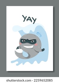 Superhero dolphin poster. Marine inhabitant in mask and cloak, animal and fauna. Graphic element for website. Representative of underwater world, fictional character. Cartoon flat vector illustration