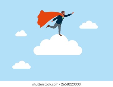 Soñador de superhéroes se para en la nube. Resuelve problemas de negocios. Ilustración vectorial moderna en estilo plano