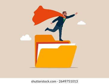 Sonhador super-herói fica na pasta. Melhor trabalhador, coragem. Organizar pasta, habilidade de liderança ou confiança na responsabilidade do trabalho. Organize arquivos de documentos em pastas de arquivamento. Ilustração de vetor plano