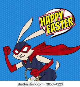 Superhero easter rabbit vector illustration. Retro easter egg hunt poster.