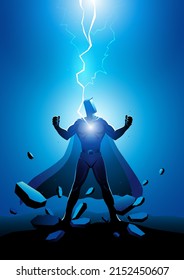 Superhero electrically charged by thunder strike, vector illustration of powering up