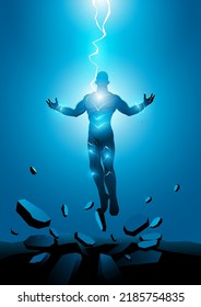 Superhero electrically charged by thunder strike, vector illustration of powering up