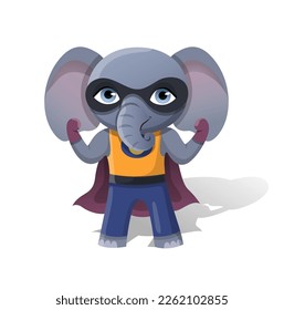 Superhero elephant concept. Large gray animal with big trunk and ears in raincoat and gloves. Superpower and power, imagination, dream and fantasy, fairy tale. Cartoon flat vector illustration