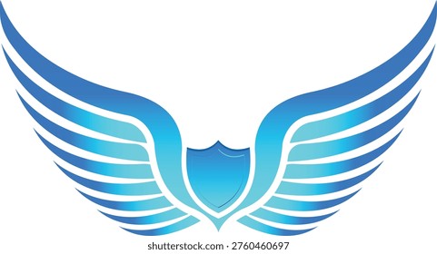A superhero emblem featuring blue angel wings, symbolizing strength, freedom, and invincibility. Feathers form a pair of outstretched wings, distinguished by sharp tips and gradients surfaces. Ideal for comic book heroes, fantasy characters, video game avatars, or brands with a motivational focus. The transparent background allows for easy overlaying onto light or dark designs, technology concept, design. Flight, protection, and superhuman legacies. Security concept