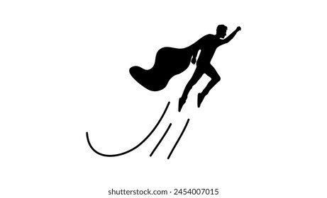 Superhero emblem, young man in a raincoat flying, black isolated silhouette