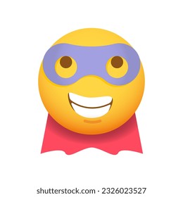 Emoticono de superhéroe. Emoji vector Smiley con máscara y capa