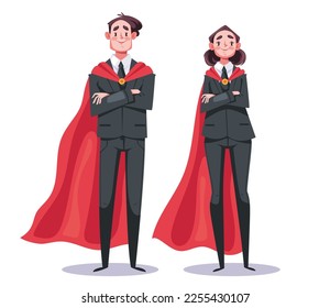 Superhero employee office worker super hero in red cape business team people. Vector cartoon graphic design element illustration