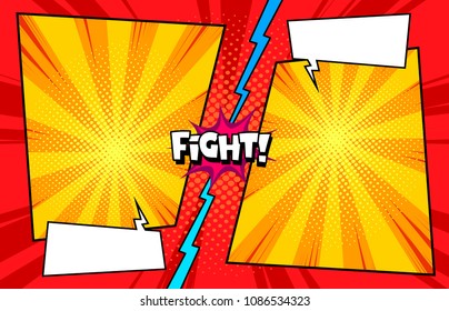 Superhero entering battle, comic book versus template background, classic pop-art style, halftone print texture