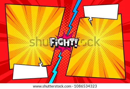 Superhero entering battle, comic book versus template background, classic pop-art style, halftone print texture