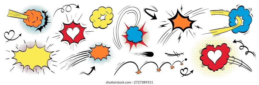 Superhelden explosive bunte Wirkung Vektorbündel. Mit Comic-Linien, Liebe Herz, Rauchschwaden, Schlagrahmen. Pop-Animation-Kit mit doodle Cartoon-Elemente, Pfeil und Sprechblase.