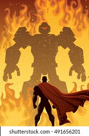 Superhero facing giant evil robot. 