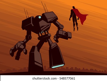 Superhero facing giant robot. 