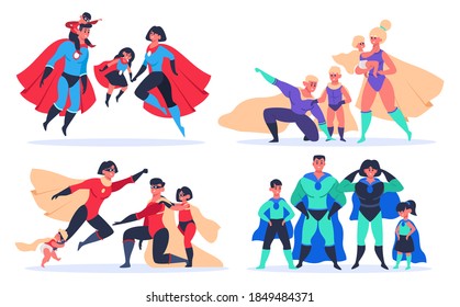 Superhero families. Wonder dad, mom and kids, superheroes characters in superhero mask and cloak costumes isolated vector illustration set. Happy parents with children wearing mantle